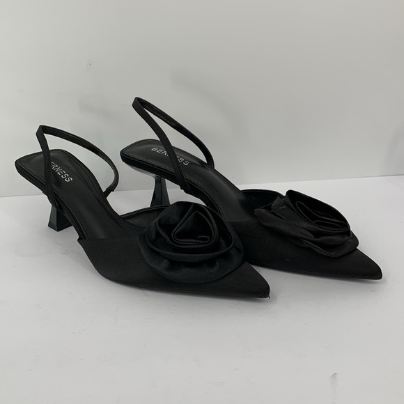 Berness Camellia black satin pumps shoe d'orsay kitten heel back strap new 10 - Picture 3 of 7